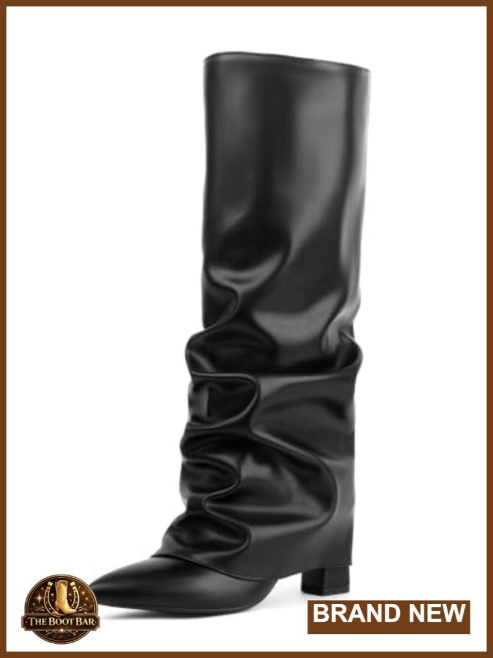 Women Fold Over Knee High Boots Block Heel Pointed Toe Faux Leather Slouchy